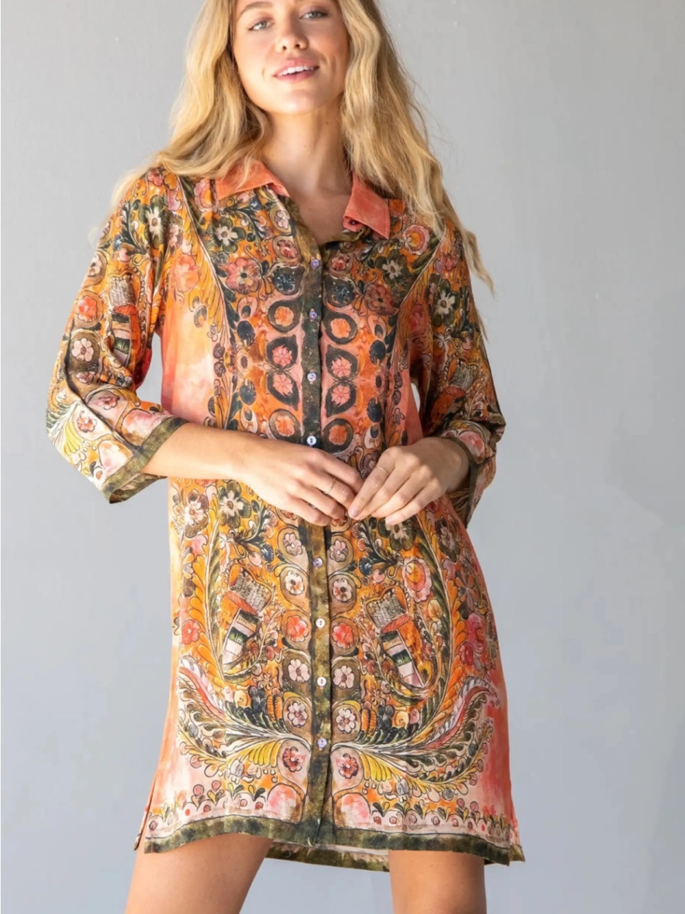 Natural Life Fiona Boho Floral Button-Front Tunic Dress in Coral M